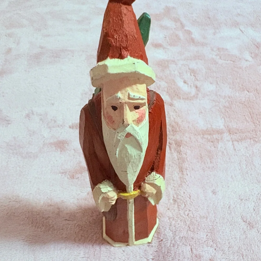 Vintage Christmas Wooden Carved Hand Painted Santa Claus With Christmas‎ Tree